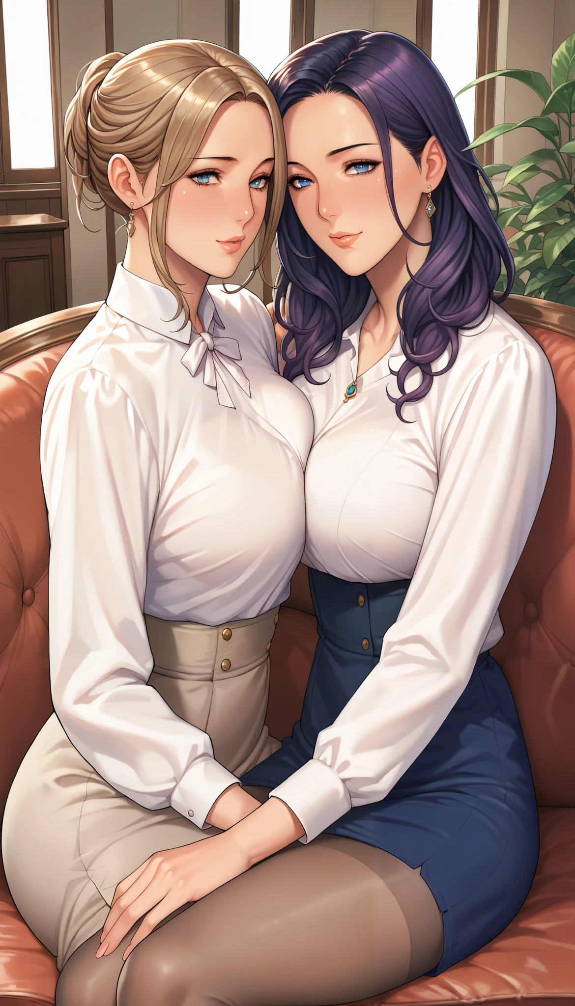 Girl seen from the side , Vol sidewaystuous women, Older, Big Breasts, mature woman, of motherhood, wide waist , score_9, score_8_ sideways, score_7_ sideways, score_6_ sideways, source_anime, beautiful face, expressive eyes, detailed eyes panty pants on pantyhose , alone, close- sideways, sitting , Sofa, indoor, Scenery, dramatic lighting, anime screencap, Enchanting Smiles