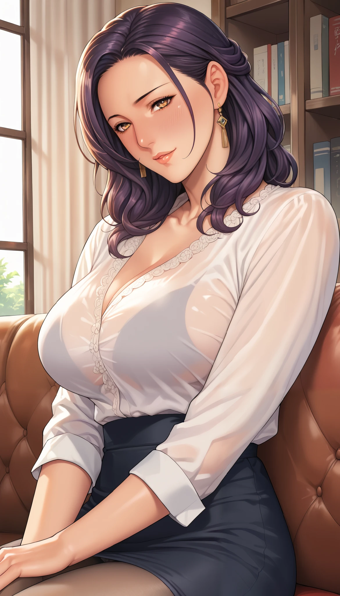 Girl seen from the side , Vol sidewaystuous women, Older, Big Breasts, mature woman, of motherhood, wide waist , score_9, score_8_ sideways, score_7_ sideways, score_6_ sideways, source_anime, beautiful face, expressive eyes, detailed eyes panty pants on pantyhose , alone, close- sideways, sitting , Sofa, indoor, Scenery, dramatic lighting, anime screencap, Enchanting Smiles