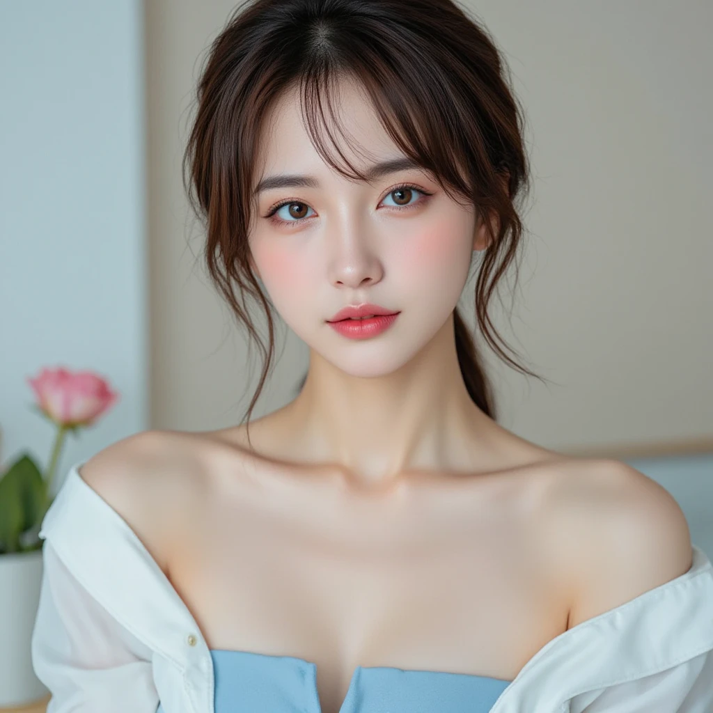 xxmixgirl, Analog Style, Eye focus, Highest quality, (Very detailed skin), Exquisitely beautiful white skin photos, 21 years old, Upper Body、Shortcuts、Perfect Face, Captivating eyes, (Seductive makeup: 1.3), Skin pores, (Bokeh:1.5), Sharp focus, Dappled Lighting, (Backlight), Film Grain, (Very detailed, Exquisitely crafted), 8K, High resolution, Front view, Studio Light, Very detailed顔, Fine grain, (double eyelid: 1.4), Aristogle, Brown eyes, (commercial: 1.6), (Seductive makeup), ((White studio background: 2))