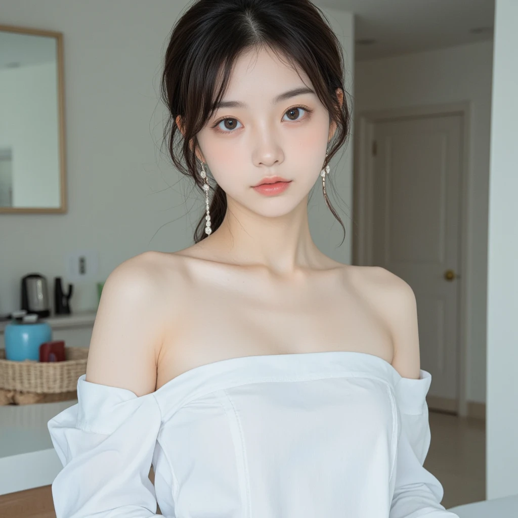 better quality, masterpiece, ultra high resolution, (realistic: 1.5), raw photo, 1 woman, off shoulder, in the dark, deep shadows, faith, cold light, Short hair, new