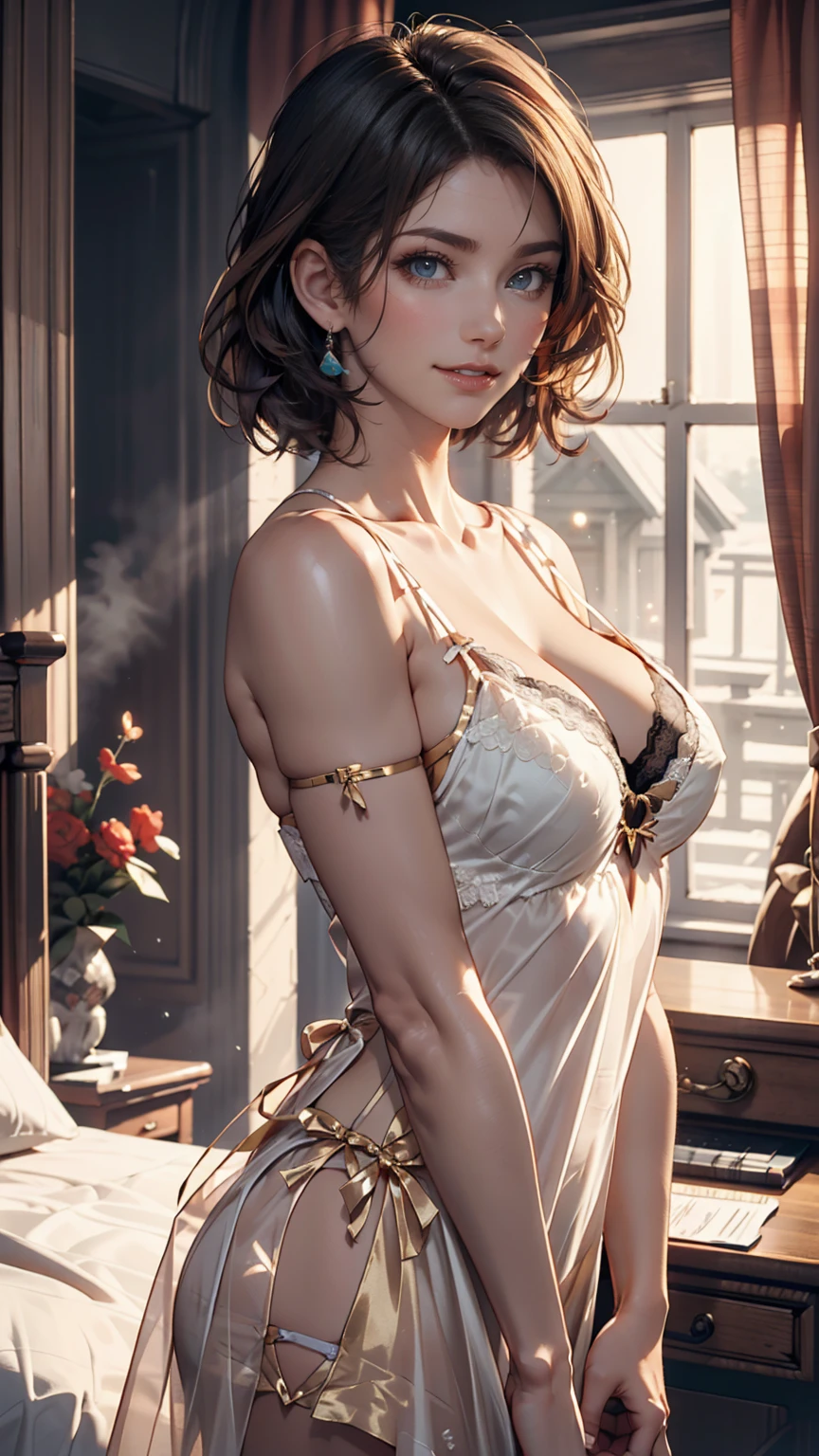 Gorgeous European woman with very short hair, Short ponytail with fringe, Wet Hair, I slicked my hair back., Combed straight back, Shiny Hair, Striped cinnamon brown hair, Seductive pose, Lauren Cohan in a sheer net outfit, Cleavage, Dark Gray Background