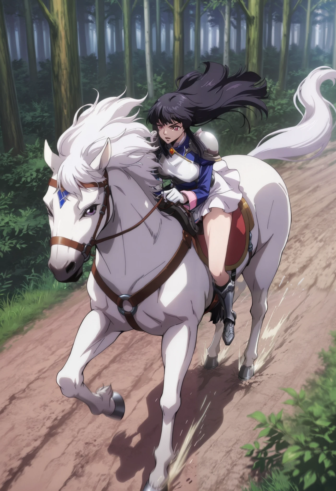 Highest image quality, intricate details, high resolution, depth field, Natural light, professional lighting, motion blur background, BREAK, kisyu, riding, horse, both hand holding rein, from above, (a female knight riding a horse intense horseback riding chase in the forest, (((kjosakuya, pink eyes, hime cut, long hair, {black hair}, medium breast, head turn around, grit teeth]), (silver armor, silver shoulder pads, white miniskirt, gauntlet, gloves, bare legs, silver greaves)), ([white horse:1.2, white mane, black eyes, white tail, saddle, reins, bridle, stirrups, running), BREAK (forest), BREAK solo, (from front:1.2), FULL BODY, anatomically correct 