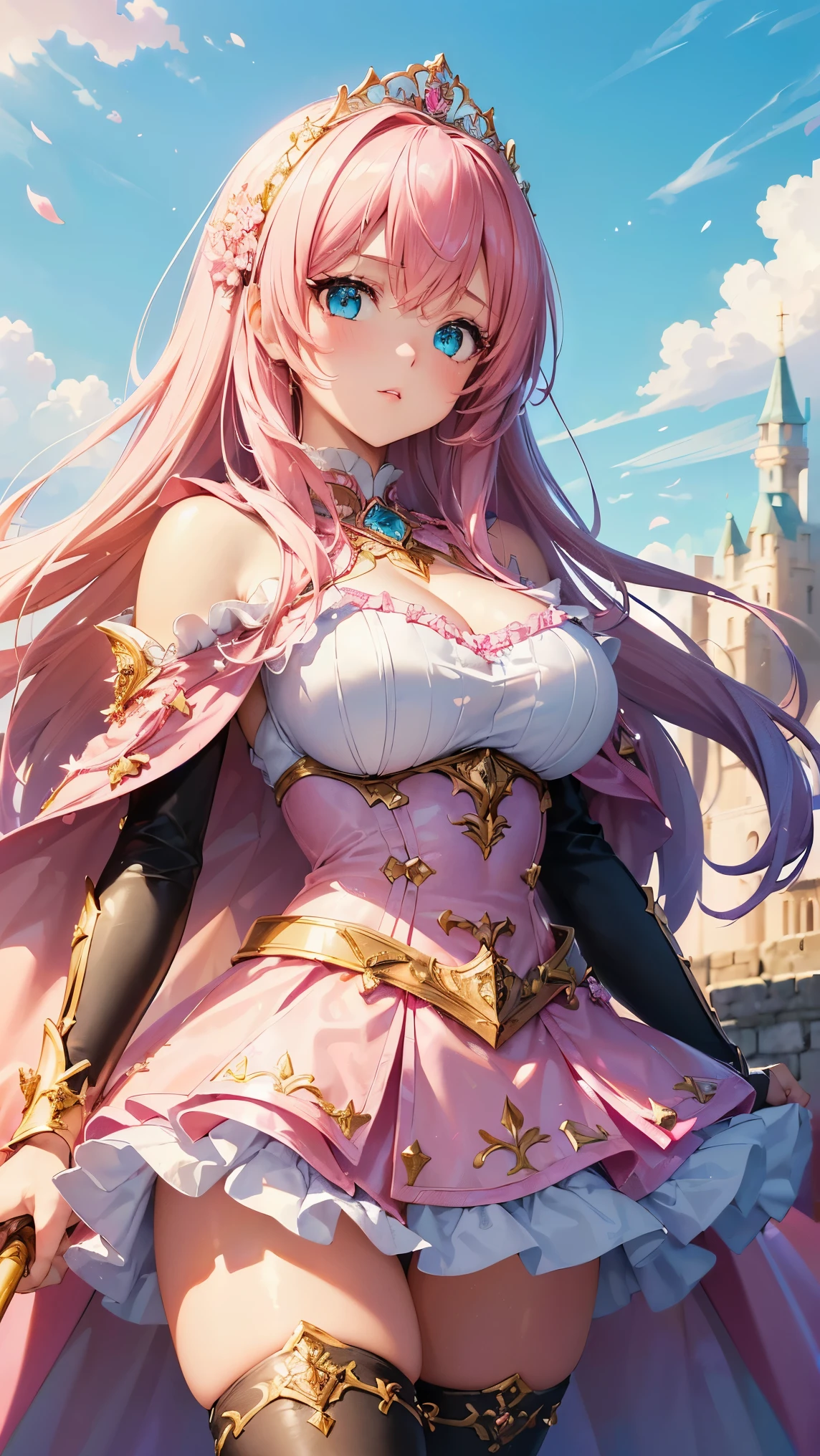 (masterpiece, best quality, detailed), 1girl, solo, full body design, looking at the sky
ElfGirl, reddish orange medium hair, left hair pigtail tied with two flowers, light blue eyes, serious and imponent, closed mouth, lightblue flower at side of hair, huge breasts,
Clothes: (pink combat uniform, white gloves, pink pantyhose, pink shoulder pads, pink long boots, pink steel knee pads, pink steel elbow pads, silver tiara up her head around the hair), (holding with her left hand a long steel silver spear)
Background: viking styled city street, sunny morning