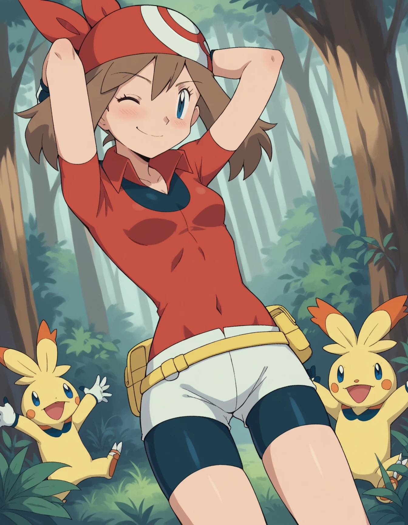 A determined cute woman pokemon trainer, tosses out her pokeball summoning a confused naked woman in pokemon boots and ears, crowded park in daytime. The trainer yells 'Milafachu! I choose you!' in a chat bubble