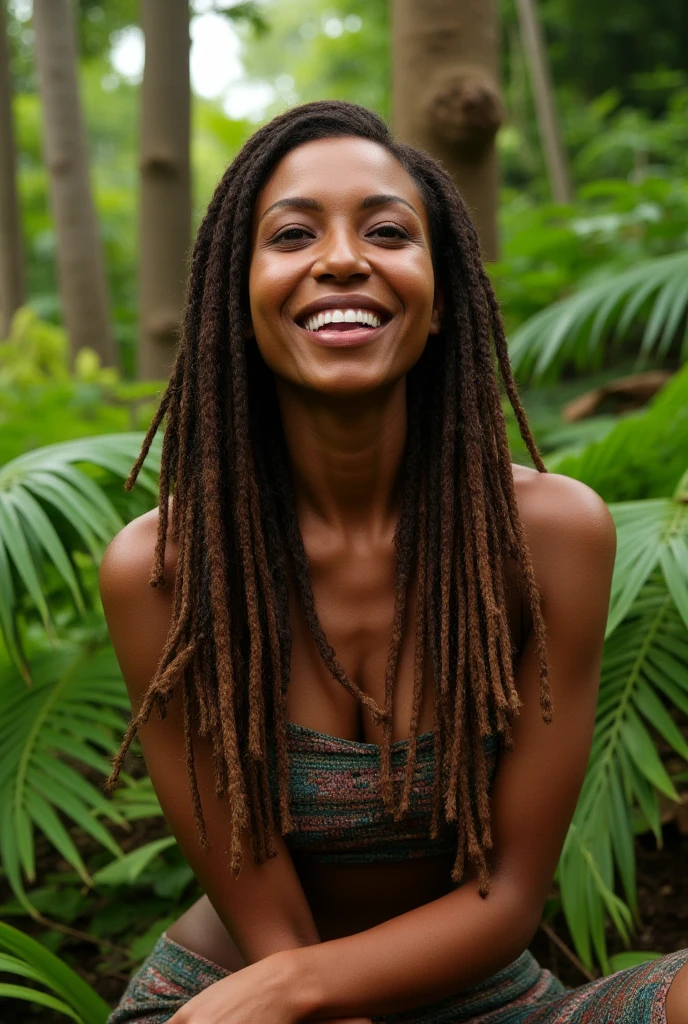 Créer une femme afro haïtienne, nommée Manbo Gessie, âgée de 54 ans, cheveux dreadlocks relâchés sur son dos, des beaux bridés, des belles joues, des dents blanches, gencives violettes, teint un peu clair. nez pointu, rouge à lèvres rouge vif. Femme joyeuse, aime la nature, la méditation, la relaxation. Manbo Gessie personnage captivante, fabuleuse. Manbo Gessie en train de médité