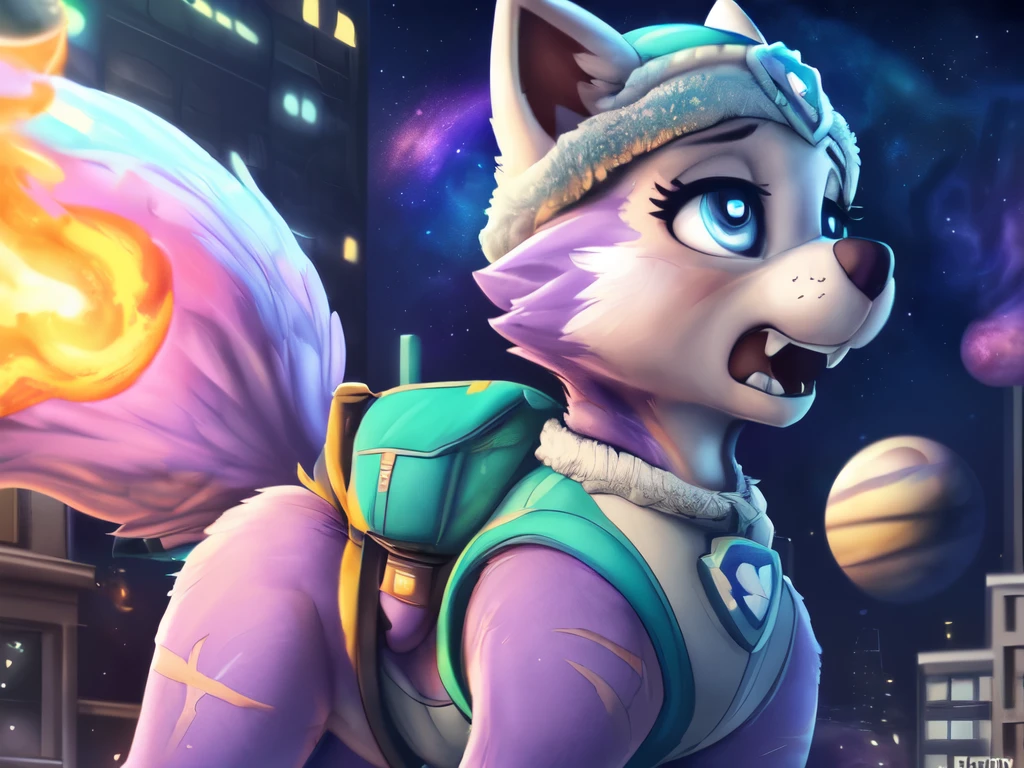 Everest, ((Paw Patrol)), ((female solo)), domestic dog, female, adult female, blue eyes, (((purple fur)), ((purple body)), (wearing Paw Patrol gear:1.25), (wearing Paw Patrol bagpack:1.45), (feral:1.25), (quadruped:2.25), ((wearing aqua winter hat)), ((sharp teeths)), ((large fangs)), blue eyes, (Shiny eyes:1.6), ((Pixar eyes)), perfect eyes, ((glowing eyes)), (hyper realistic:1.65), long fluffy tail, very large tail, tail up, very furry and fluffy, ((very large fangs)), perfect ligthing, (Cyberpunk city background:1.25), (building at fire at background:1.65), ((many hearts all over the screen)), (back side view:1.45), looking at Viewer, ((seductive break)), ((spread legs)), spread legs, (rajii:1.1) (dimwitdog:1.1), (thesecretcave:1.25), (cooliehigh:1.1), (miles-df:1.1), (complextree:1.1), (pixelsketcher:1.1), (foxovh:1.1), (zaush:1.1), (avante92:0.70), (meesh:1.1), (inu-sama:0.80), (cervina7:1.1), (F-R95:0.70), (R-mk:1.1), (xpray:1.1), (standing tall:1.65), (large fluffy tail:1.65), (close up to face:1.25), (hurt expression:1.65), (scars all over her body:1.65), (nebula:1.45), (starry:1.35), (planet at sky:1.45)