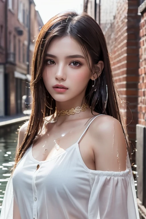 Urban beautiful girl college student, masterpiece, light makeup, red lips, silver hair, messy long hair, street background, beautiful, elegant. super fine details, master works, authentic texture, cinematic lighting realism, perfect job, 16K, hd, exquisite features,blue eyes、japanese idol、Beautiful Face、cute smile、brown hair、beautiful hair、ponytail、glamorous、 big breasts、erect nipples、Oily muscle、shiny skin、tanned skin、Black glowing skin、Sexy knitted sweaters, bright big eyes, smooth skin, earrings, necklace, tattoo