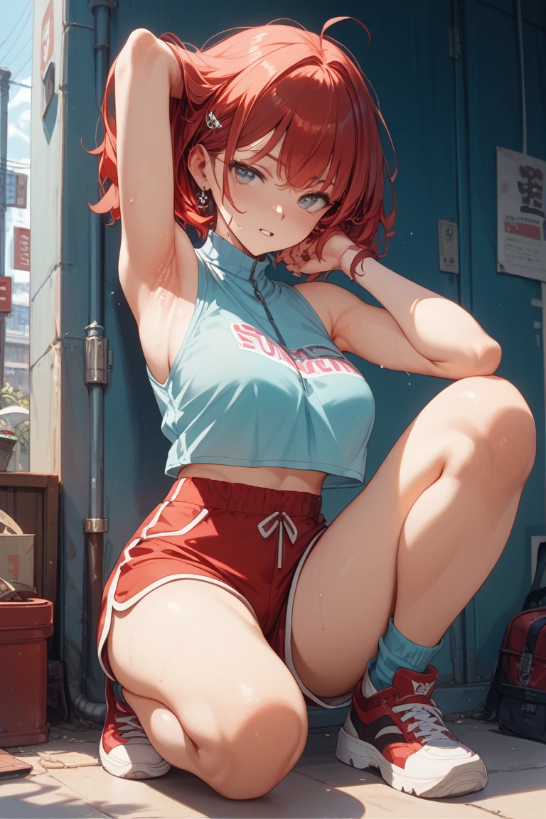 (8k, 4k, Masterpiece, Ultra quality, Ultra detail, HDR, Anime, Brighter colors), (1girl, Kitsune ears, Cherry-red hair, medium hair, Bangs over one eye, Tied hair, Blush, Lustful look, Heart pupils, smiling, heavy breath, breasts, (Sport bra, Highleg panty, thigh-highs), Standing , Hands behind back