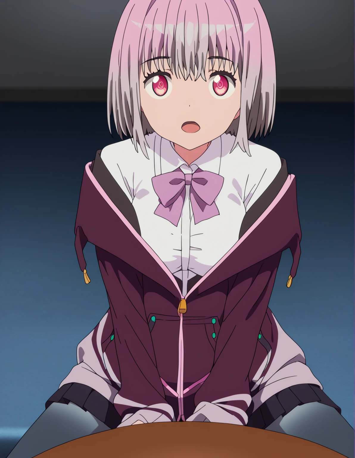 clean, {{scan}}, {{{masterpiece}}}, {{{high quality}}}, {{{animeted}}}, anime colored, {{{official art}}}, perfect body, best quality, (masterpiece:1.2), highly detailed, 2D, anime coloring, blush, smile, closed mouth, looking at viewer, sitting, (((spread legs))), skirt lift, lift skirt, lift by self, on sofa, (((white panties))), wide-eyed, smile, front view, pov, flat chest, Skinny, Slim Body, Slim waist, Slim legs, Slim hips, slender, madoka, two side up, pink hair, white knee socks, crotch, skirtliftfront