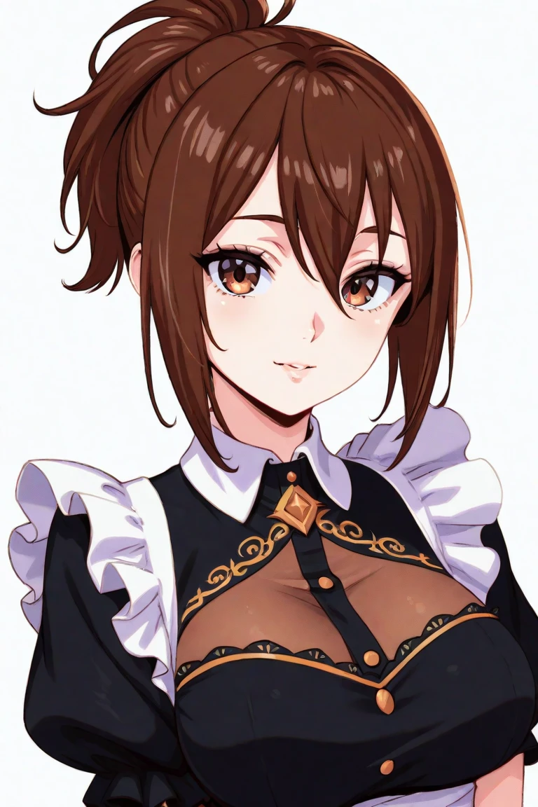 chibi emoji, anime girl, luscious reddish-brown hair styled in fishtail braids, ((sharp jawline)), ((big breast)), shiny blue eyes, clad in a revealing that accentuates her curves. Ensure her captivating sight exude a sultry gaze, paired with a seductive smile that promises mischief.