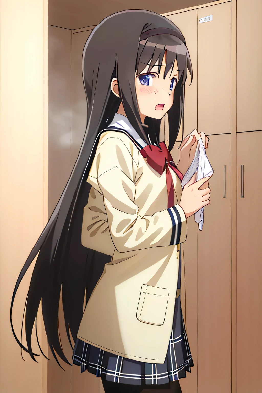 from side shoot, 1girl, akemi_homura_puellamagimadokamagica, staring at viewer:1.2, holding panties:1.3, white panties, school uniform, locker room, holding panties, steam, surprised, blush, (absurdres, masterpiece, 8K)