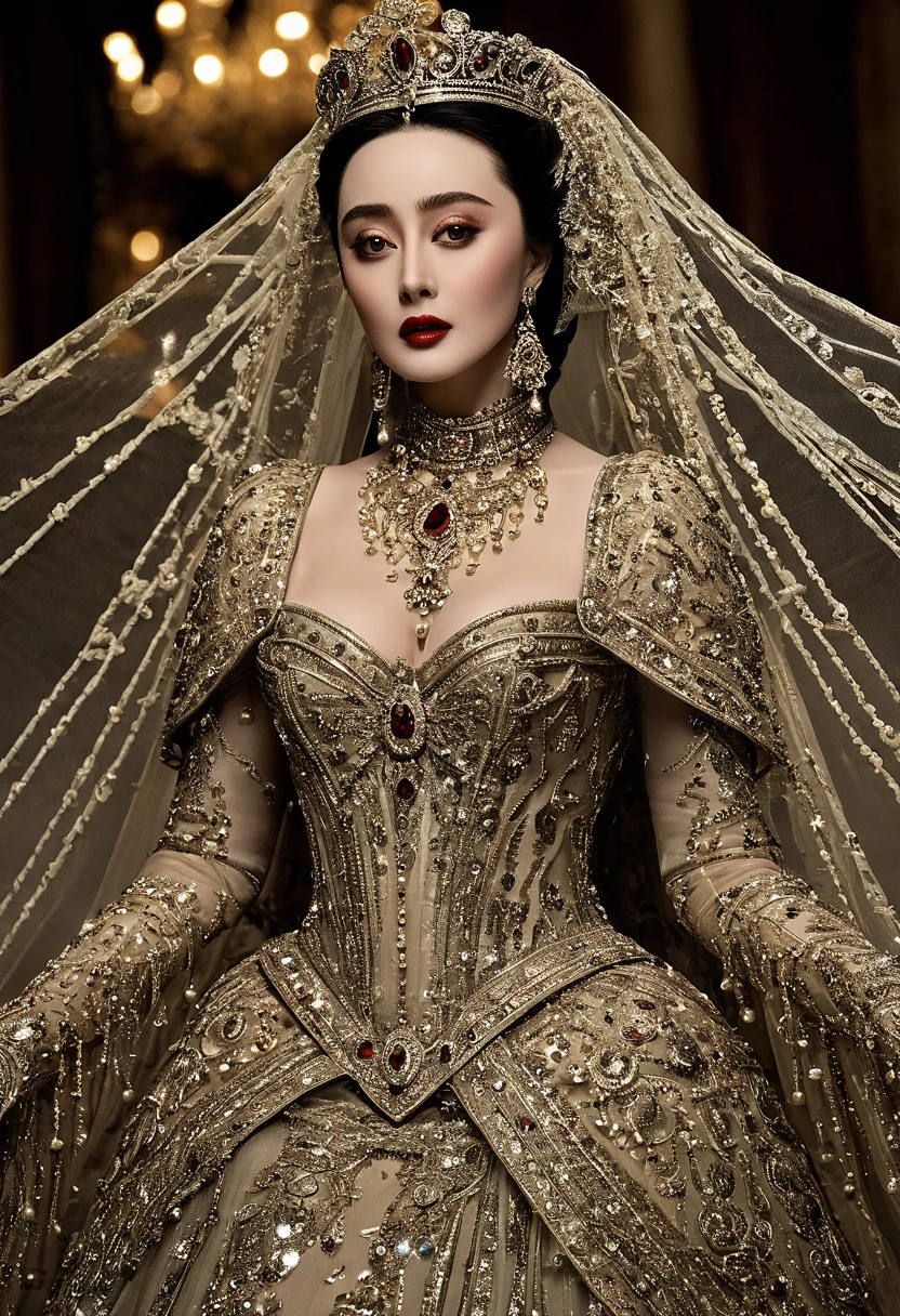high detail, best quality, 8k, [very detailed], masterpiece, best quality, (very detailed), ultra wide shot, photorealistic, image of a Javanese empress wearing a Javanese royal gown (intricate detail, Masterpiece, best quality: 1.5 ), holding a royal scepter (intricate detail, Masterpiece, best quality: 1.5), wearing a crown with 12 stars (intricate detail, Masterpiece, best quality: 1.5), standing in front of the Javanese royal palace (intricate detail, Masterpiece, best quality: 1.5), black hair, long hair, flowing hair, sharp eyes, dynamic light, from the front, [[12 stars in the background]], best quality, high resolution, ultra wide angle