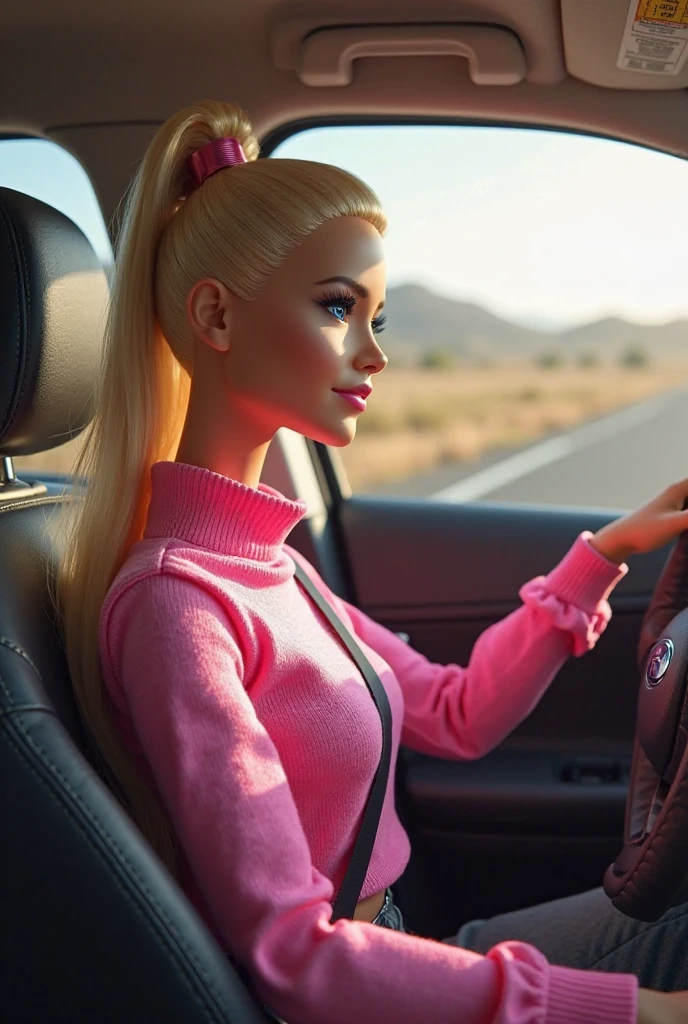 Barbie, pink jumpsuit, long blonde hair, wavy hair, sitting in the cockpit of a fighter jet, lots of instruments, holding the control stick, headset, intricate details, detailed legs, detailed hands,(8K, 16 K, Super Detail), high details, Best Quality:1.2, hight resolution, High quality, masutepiece:1.4