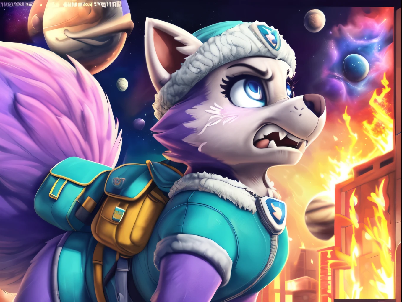 Everest, ((Paw Patrol)), ((female solo)), domestic dog, female, adult female, blue eyes, (((purple fur)), ((purple body)), (wearing Paw Patrol gear:1.25), (wearing Paw Patrol bagpack:1.45), (feral:1.25), (quadruped:2.25), ((wearing aqua winter hat)), ((sharp teeths)), ((large fangs)), blue eyes, (Shiny eyes:1.6), ((Pixar eyes)), perfect eyes, ((glowing eyes)), (hyper realistic:1.65), long fluffy tail, very large tail, tail up, very furry and fluffy, ((very large fangs)), perfect ligthing, (Cyberpunk city background:1.25), (fire at background:1.65), ((many hearts all over the screen)), (back side view:1.45), looking at Viewer, ((seductive break)), ((spread legs)), spread legs, (rajii:1.1) (dimwitdog:1.1), (thesecretcave:1.25), (cooliehigh:1.1), (miles-df:1.1), (complextree:1.1), (pixelsketcher:1.1), (foxovh:1.1), (zaush:1.1), (avante92:0.70), (meesh:1.1), (inu-sama:0.80), (cervina7:1.1), (F-R95:0.70), (R-mk:1.1), (xpray:1.1), (standing tall:1.65), (large fluffy tail:1.65), (close up to face:1.25), (angry expression:1.45), (nebula:1.45), (starry:1.35), (planet at sky:1.45)