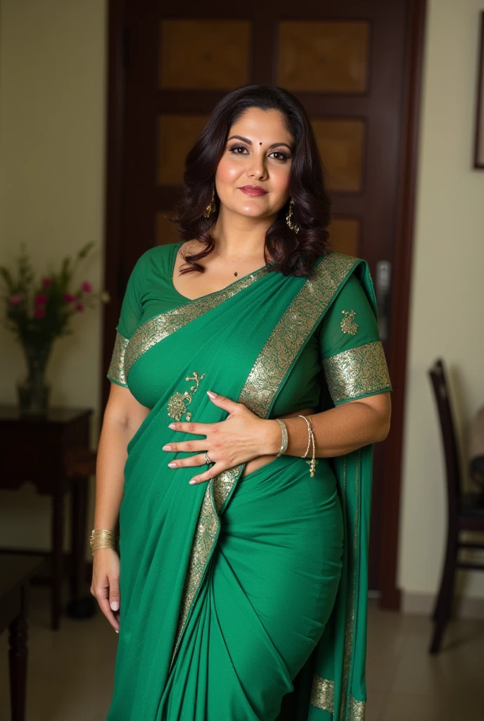 Indian woman((30year old)),  (((wearing green color silk kurta, kurta, lace trim))), (((wearing diamond necklace, stocking))), (((rearing's))), looking at viewer, standing in the room, in the house, beautiful sexy body, curvy, chubby skin, smiling, red lips, eyeshadow, gold ornament, alluring body, ((good proportion)), seducing, realistic background, pose, black wavy hair, chubby women, front focus, 