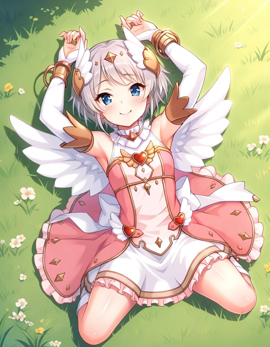 yori_angel,wing hair ornament,wings,pink dress,bridal gauntlets,bracelet,angel wings,dress,jewelry,white wings,hair ornament,feathered wings,bare shoulders,frills,bangle,detached sleeves,gloves,sleeveless,skirt,fake wings, shiny skin, high quality, solo, lying, on back, arms up, spread legs, closed mouth, on grass, from above, full body, looking at viewer, smile, best quality