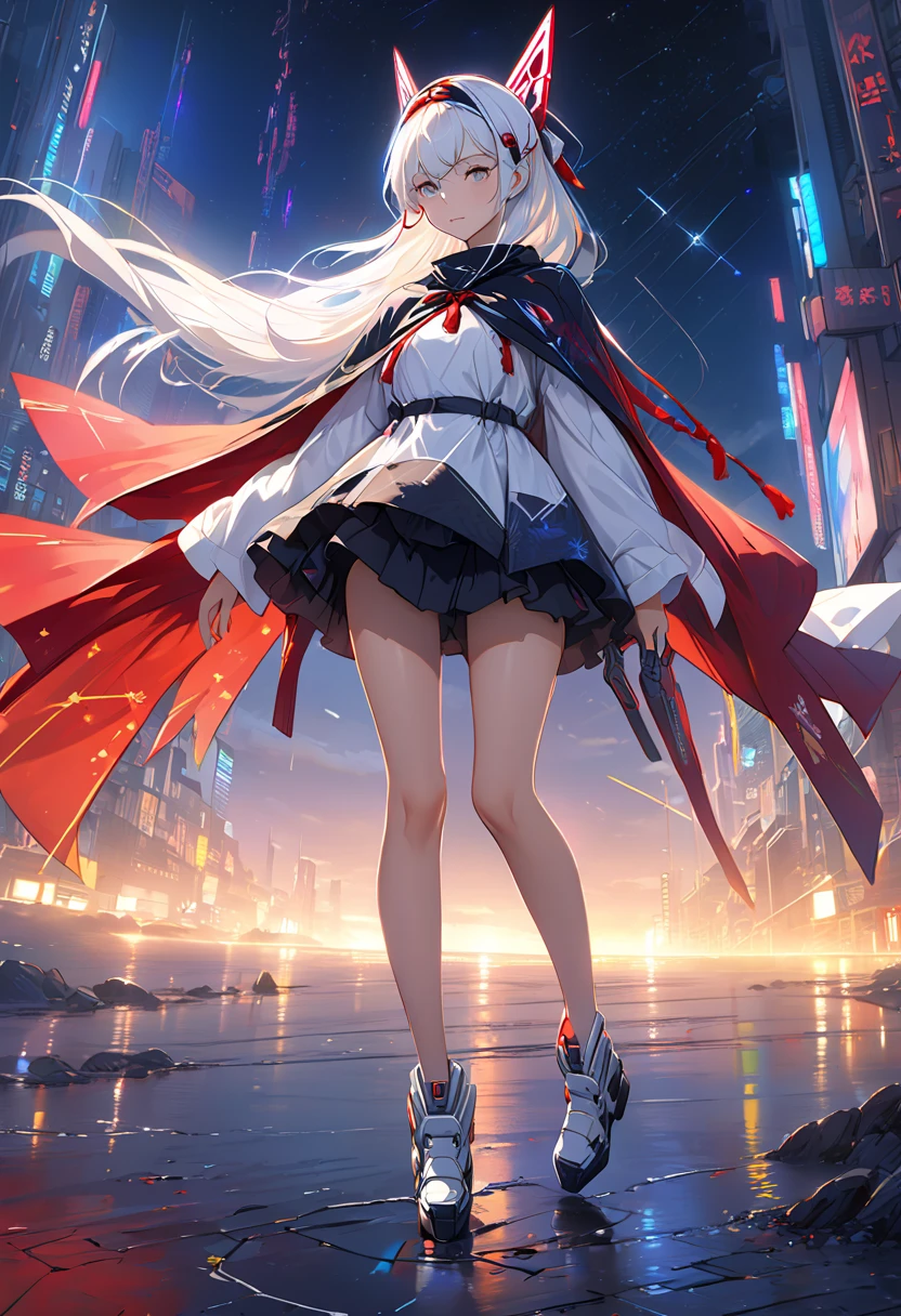 A heartwarming image of a little girl on fire as she runs through the dark, stormy streets of a city. Her white outfit is belted with vibrant colors and her long, flowing hair, adorned with sparkles, trails behind her. The vibrant colors of the cityscape contrast beautifully with the delicate, golden light coming from the girl's face. The vibrant colors of the city contrast beautifully with the dramatic, surreal lighting creating an awe-inspiring atmosphere. standard lens, high ISO, f/4 aperture -ar 9:16 --auto --s2