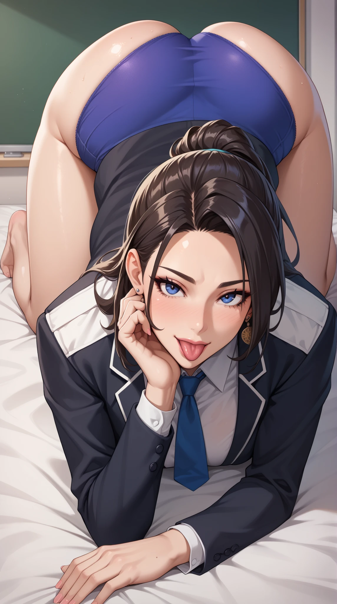 1 female、1 male、exact number of fingers、Exact number of legs、Exact number of arms、bangs, ribbon ponytail, brown hair, (blush:1), (put one hand in your panties:1.5), fingering, (pussy juice:1.2), (cum in face:1.3), (The woman is doing a blowjob while crawling on all fours, lick a man&#39;s penis:1.5), ((red bow tie, black jacket, open jacket, brown cardigan, white shirt, black skirt, plaid skirt)), ((Very luxurious and detailed underwear:1.2), (Light blue lace panties:1.3), (Light blue lace bra:1.2), sexy underwear), Thighhighs、 beautiful big breasts, (erect nipples:0.98), the skirt is turned up、highest quality, High resolution, (detailed and beautiful eyes:1.6), highly detailed face, Very detailed CG, (perfect hands, perfect anatomy),embarrassed expression、The expression that you are holding back from going to the toilet, (sexual pleasure expression:1.4), (expression of agony:1.2)、close your eyes、sexy look, (school classroom:1.3)