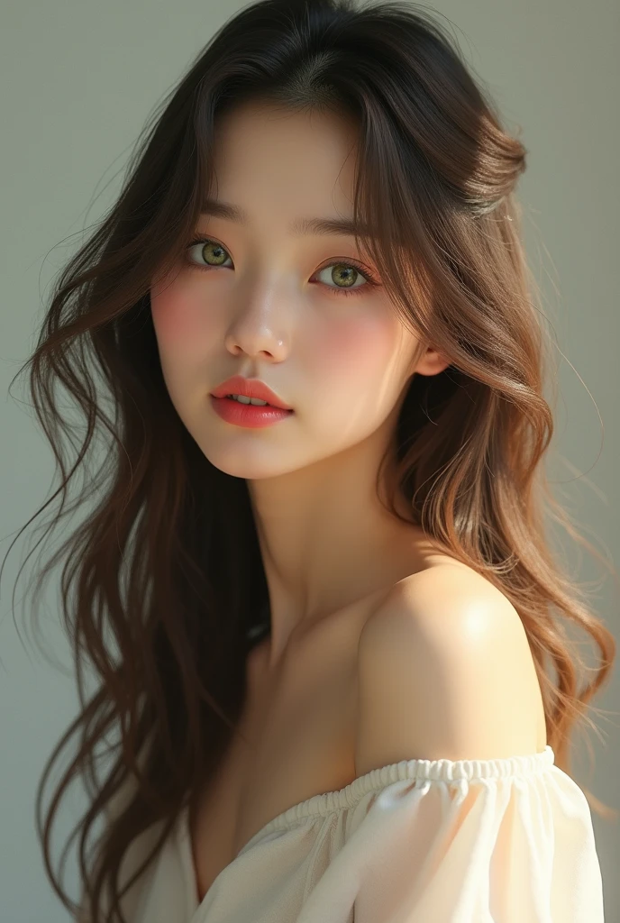 Top quality, RAW Photo, Highest Quality Image, 16K, Full body, Age 22 years old, Realistic, Photorealistic, Beautiful Asian woman, Sexy, body, White pale skin, Beautiful hair, Wavy hair, Brown Hair,, Short hairstyle, Detailed face, Detailed body, Detailed skin, Double eyelids, Big eyes, long eyelashes, bright eyes, green eyes, natural lips, detailed lips, Saggy breasts, Very Small breasts, Flat Breasts, long shape breasts, posing in Bamboo forest , sunny day light , light through Aspen trees, wearing white shirt, Camera angle from below