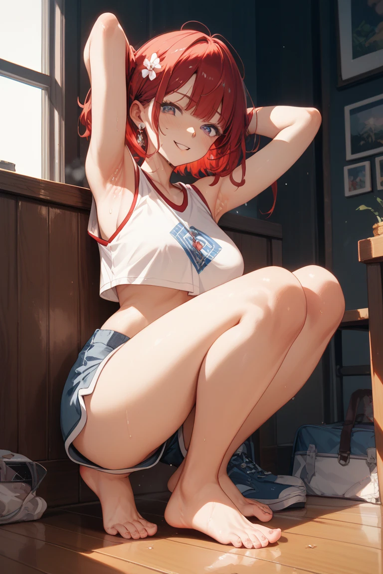 Best quality, ultra high resolution, 1 girl, Red hair, Green eyes, short and thin body, wearing a white shirt and shorts, ((shyexpression)),