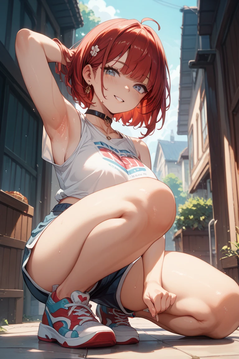 sassy, childish, nerdy, red-haired girl, skinny, tanned, straight loose hairstyle, half-closed eyes, flat, small ass, small glasses, white shirt, denim shorts, black flip-flops, smiling excitedly, in front of a beach house facing the sea, comedy manga, Shimada Funikane style, cinematic, dramatic, dynamic view, full body, CG masterpiece, ecchi,