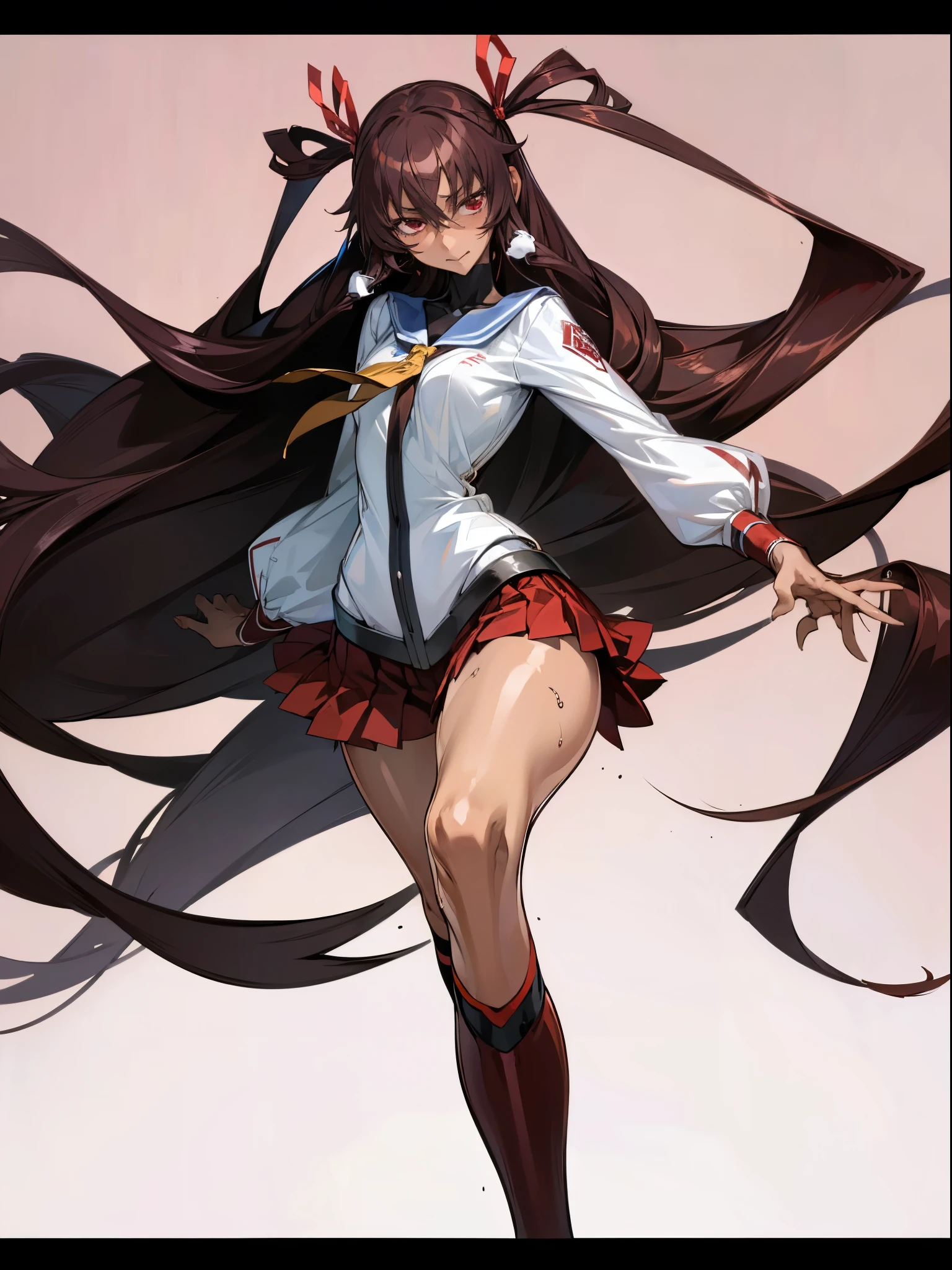 (Top Quality、masterpiece:1.2), female 1 person、 yukikaze, (brown skinned woman) Slender Woman、(Black high leg、black knee-high), Brown Long Hair、Red Eyes、red ribbon、red skirt、 (( Malicious Expression 、 's vulgar smile)) school background