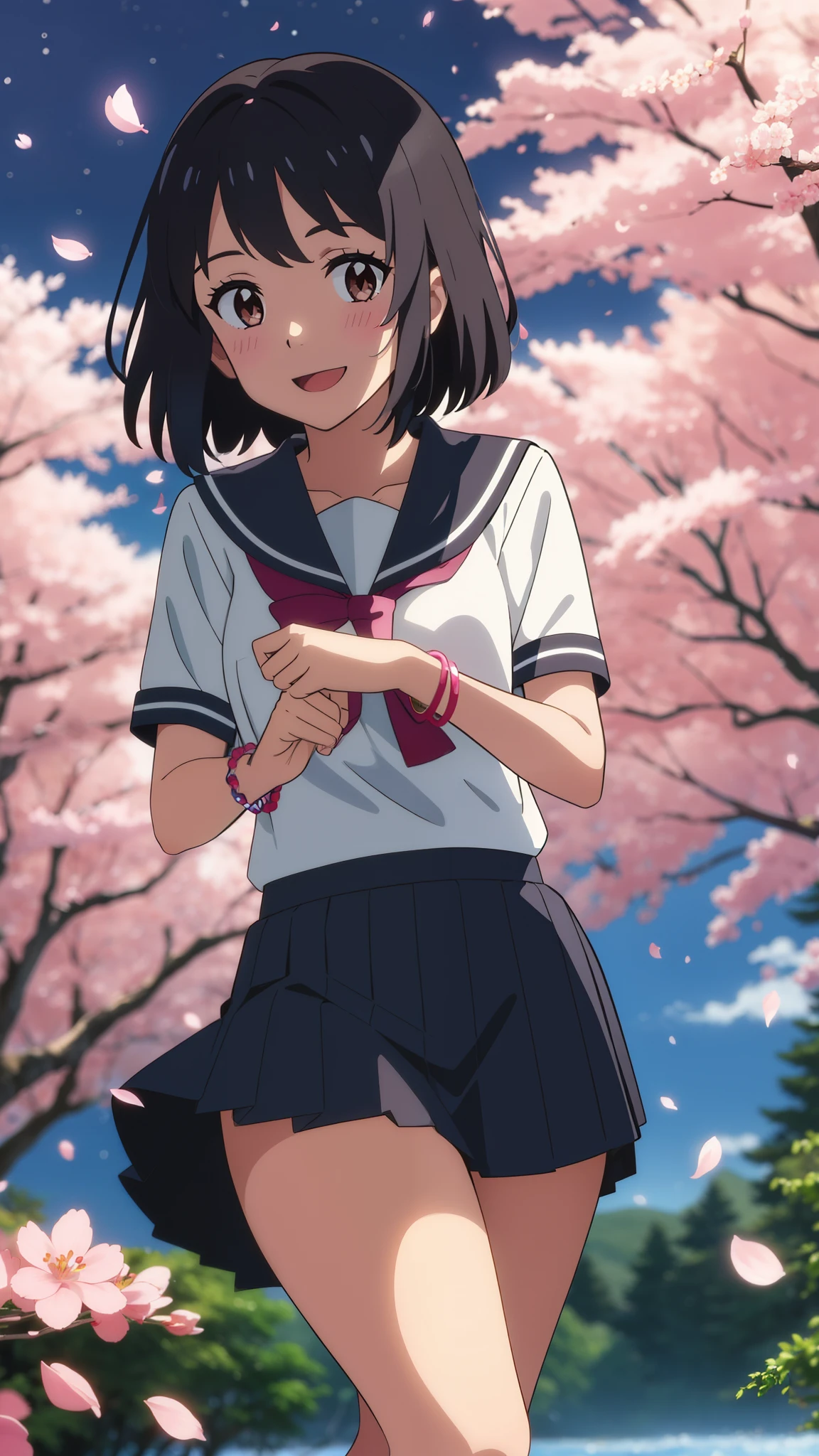 shinkai makoto, kimi no na wa., 1girl, bangs, black hair, blush, brown eyes, shiny skin, red headband, red bow, red ribbon, pink sailor collar, pink sailor color, pink skirt, plaid skirt, short hair, smile, cute, solo, happy, open mouth, :D. beautiful, looking at the viewer, short sleeves, earrings, cherry_blossoms, falling_petals, petals, branch, pink_flower, blue_sky, sunlight, spring_season, perfect hands, holding_flower, wind, tree