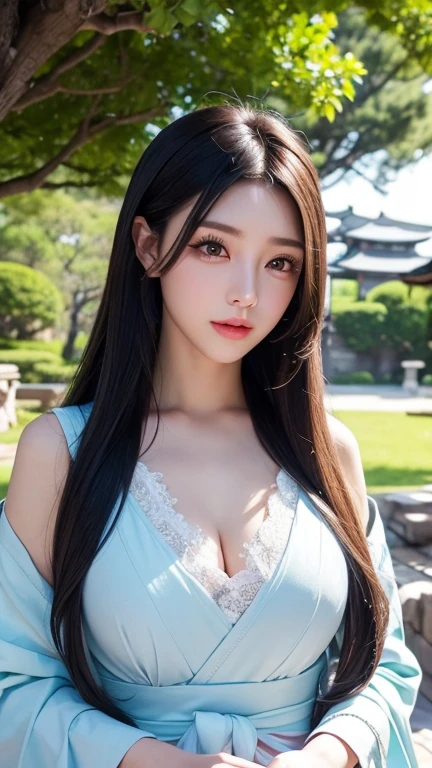 masterpiece, highest quality, Official Art, 8k wallpaper, Very detailed, figure, 1 girl, Sky Blue Hair, Long Hair, Fine grain, Forrest Gump, Exposing shoulders, Hanfu, lake, Pure, A kind smile, bamboo, tea