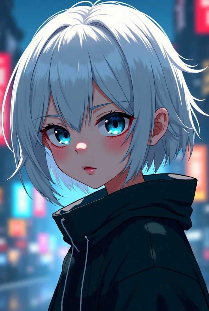 Solo, kemono, femboy, white hair, light blue eyes, wear white hoodie, wear black skirt, wear black headphone, smile, look at camera, stand on high building, cyberpunk city background, night time, high details