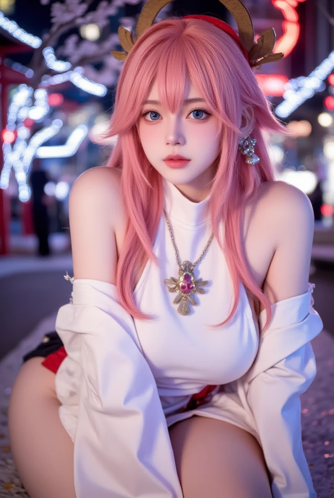 anime style, (masterpiece:1.35),(bestquality:1.4), 8k,ultra-detailed, photography, (ultra-realistic:1.4), shooting by Sony x9 mirror less camera, female focus, mature female, (sexy Asian female:1.45), adult, bare shoulders, blush, open mouth, (1penis inside mouth after sandwiched between the two breasts)!!, fresh lips, detached sleeves, earrings, fingernails, fox ears, hair between eyes, hair bangs, pink hair, very long hair, detailed realistic hair, symetrical hair ornament, japanese clothes, miko's clothes, detailed realistic clothes, jewelry, purple gemstone, detailed jewelry, short dumbbell neck, neck garter, leather necklace, plump breasts, (breast cleavage)!!, covered chest, (the hand hold the breast)!!!, super seductive temptation, open skirt, petticoat, fishnet, stockings, smooth thighs cleavage, garter thighs, armpit, erotic, nontraditional miko, (shiny purple eyes pupils:1.25)!!, detailed eyes, (homochromatic eyes)!, cherry blossom, (squatting pose)!!, (fucked by a men)!!, (having sex)!!, (blowjob position)!!, climax together, orgasm face, blush face, (cumshoot)!!, the men grab bare shoulders, (creampie)!!, white slime, (correct anatomically)!!, (sweat)!!!, at tokyo tower