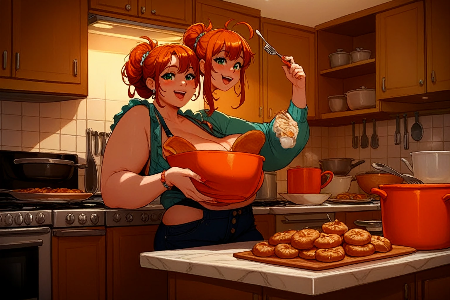 ((2 girls), solo, clevage, Big round breasts, trendy, stylish, clevage, thighs, hips, realistic, pink hair, blonde hair, light green eyes, lip gloss, detailed face, amazing big eyes, eye details, big lips, eyebrow details, blush, naughty, mischevious face, HD, good quality, kitchen, baking chip cookies, messy breasts, mixing bowl
