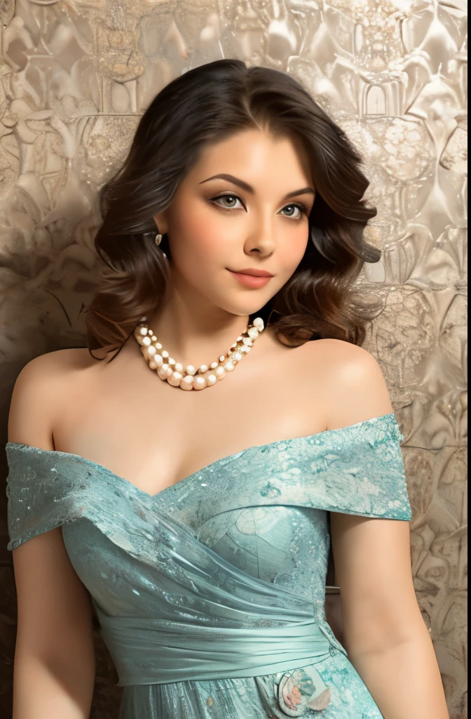 A striking woman stands elegantly against a backdrop of soft, vintage wallpaper adorned with greenery, evoking a nostalgic atmosphere. Her off-the-shoulder dress, delicately patterned with pink roses, hugs her figure and features flowing sleeves that add a touch of grace. Layered pearls cascade around her neck, enhancing her refined appearance while her wavy hair frames her face softly. The warm lighting casts a subtle glow on her features, creating a romantic and dreamy ambiance that reflects a sense of timeless beauty. The overall composition, with its rich textures and muted colors, tells a story of sophistication and charm from a bygone era.