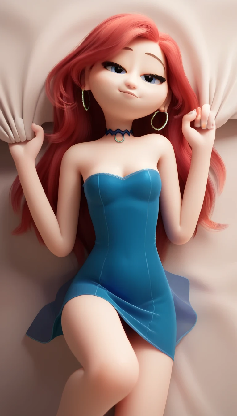 Princess, red hair, long hair, beautiful face, beautiful eyes, blue eyes, chubby, larger chest, red dress, skin tight, cleavage, boob window, thicc thighs, thicc, licking lollipop, red lollipop, sitting on couch, lamp, window