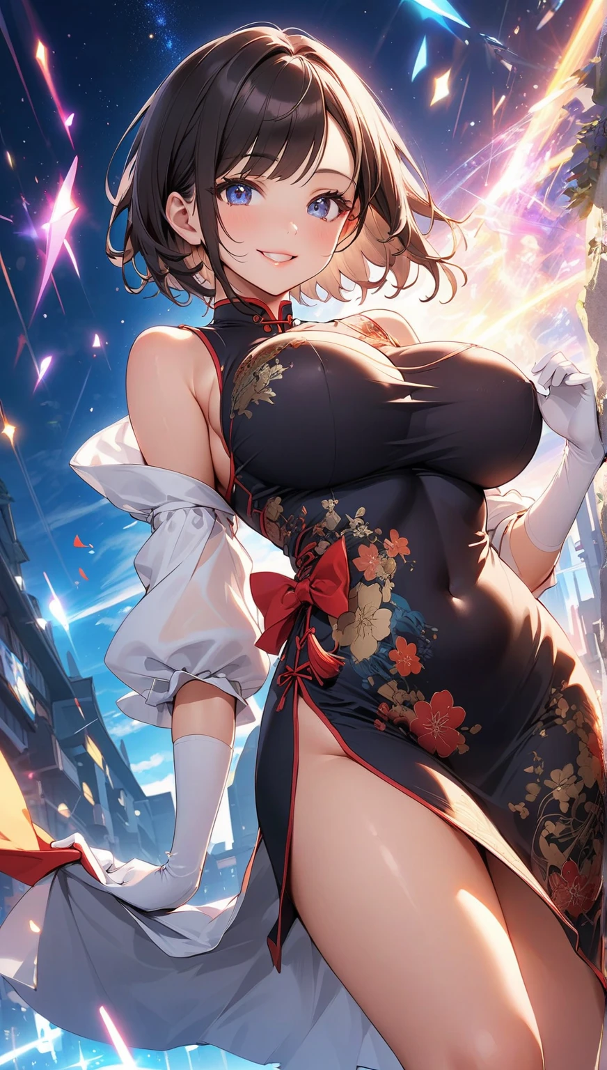 yukata、firework、Date、Gaze into her cleavage, smile, Open your mouth, Shortcuts, Brown Hair, Blushing, Large Breasts, Background blur,