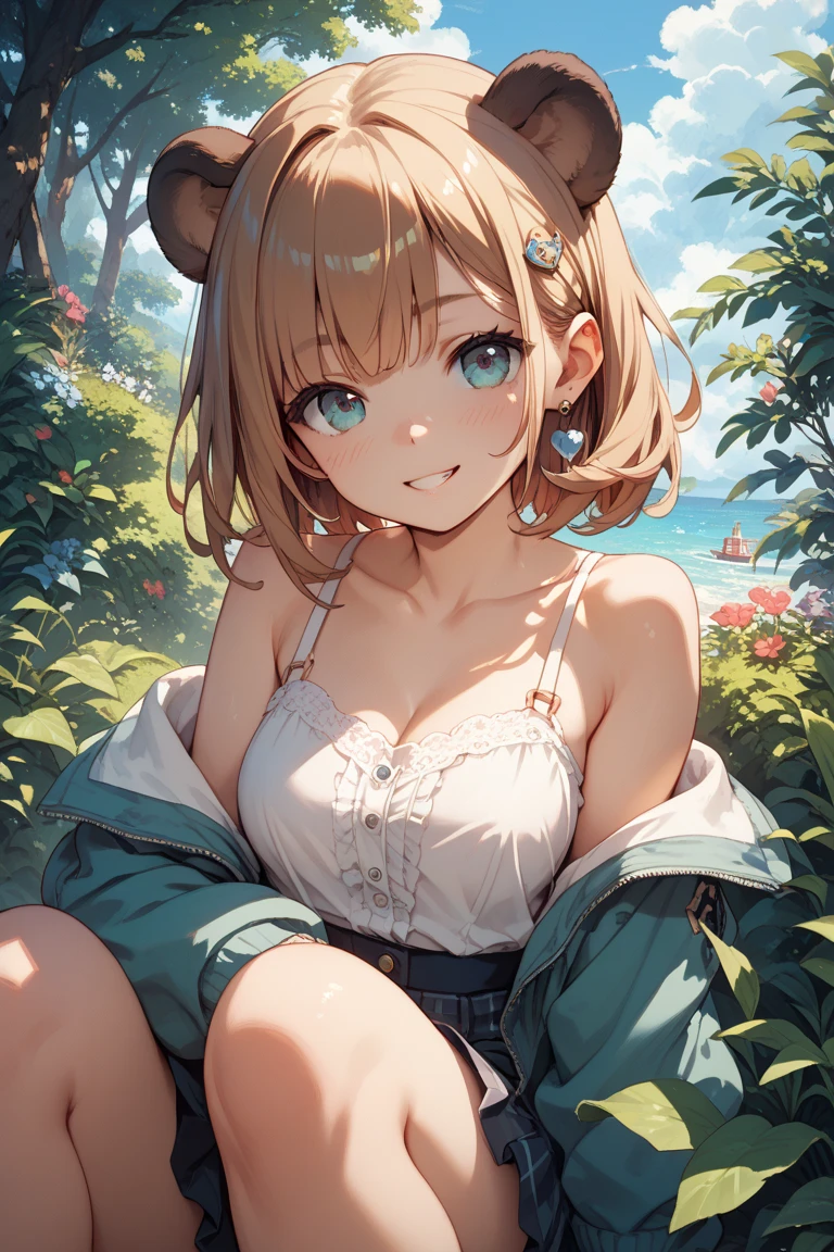 a girl in summer clothes, camisole, random color, 25age, casual dress, making as if she wants to kiss you, (cute girl bending down looking at camera), large breasts:1.5, cleavage, (White, one piece, casual, cute), (random hair color, brown, Models in hair salons,Shiny hair), Hair in the Wind, random background, Vivid Photos, flirtatious look, ((very detailed)), (perfectly detailed face), cute face, (well detailed hand), photorealistic image, bench,Grassland scenery, ((On top of the mountain, grassland, Land close to the sky)), ((walking)), (blue sky), slouch, ((A refreshing smile)),Photos taken by a professional photographer,sunglasses, sunglasses,