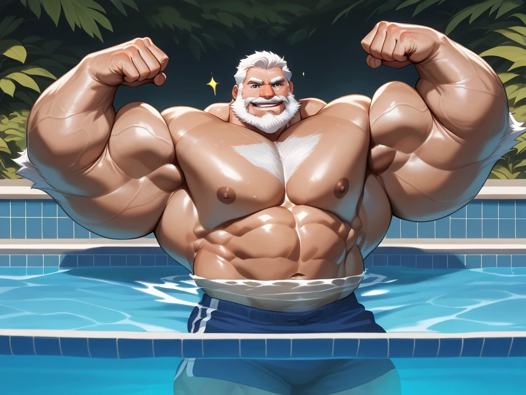solo, 1boy, perfect anatomy, perfect proportion, laugh, open mouth, big eyes, wide chest, bulky, bulk, bulge, happy. Huge Muscular Old man with short hair sitting in swimming pool ,(white shorts), view from side, pectoral, thick arms, huge pectoral, wide pectoral, white hair, white beards, simple background, masterpiece, semirealistic:1.2, high detailed, 8k, high resolution, perfect center, full view. ((really big muscle, massive muscular, sixpack, thick arms, wide pectoral, super huge muscle, hyper muscular, over sized muscle, huge arms, big arms, huge pectoral))