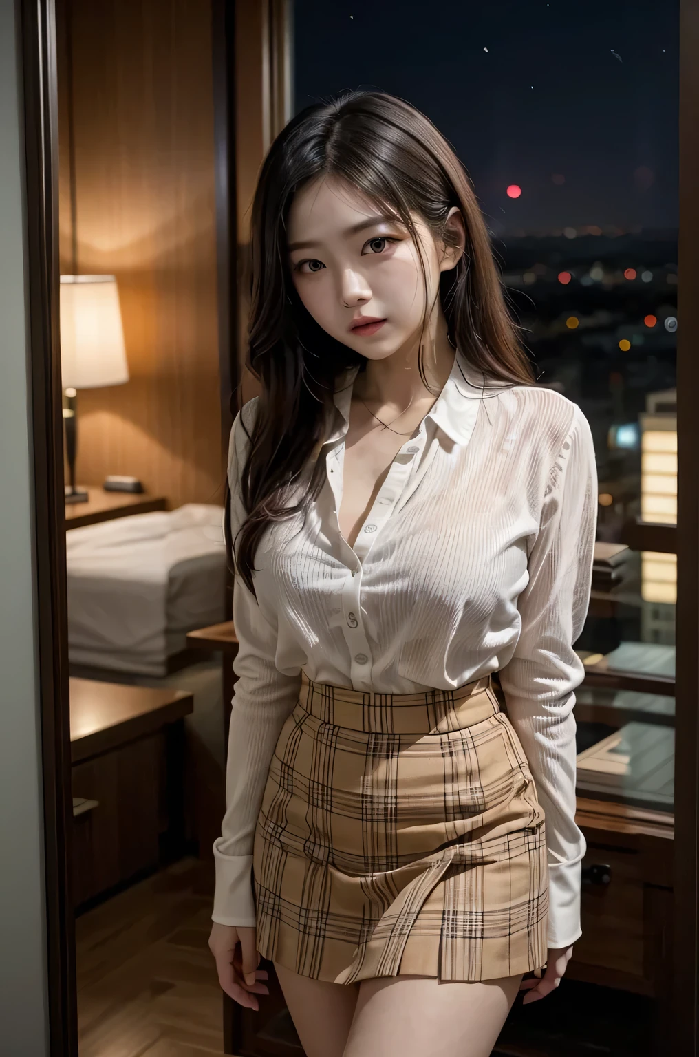 <lora:Basil_mix_fixed:0.4>, <lora:koreanDollLikeness_v15:0.4>, best quality ,masterpiece, an extremely delicate and beautiful, extremely detailed ,CG ,unity ,8k wallpaper, Amazing, finely detail, masterpiece,best quality, extremely detailed CG unity 8k wallpaper,absurdres, incredibly absurdres, huge filesize , ultra-detailed, highres, extremely detailed, beautiful detailed girl, extremely detailed eyes and face, beautiful detailed eyes, (RAW photo, best quality), (realistic, photo-realistic:1.3), full body, light on face, dudou, light Brown Plaid Pleated Skirt,opaque clothing,overlooking,black loafers,thigh highs,black cotton socks,hair_ornament,white hair, wavy hair, light on face, (small hips:1.3), (small breast:0.3), sitting on a window seat in a pale pink dudou, looking out at the city lights at night with a dreamy expression on her face