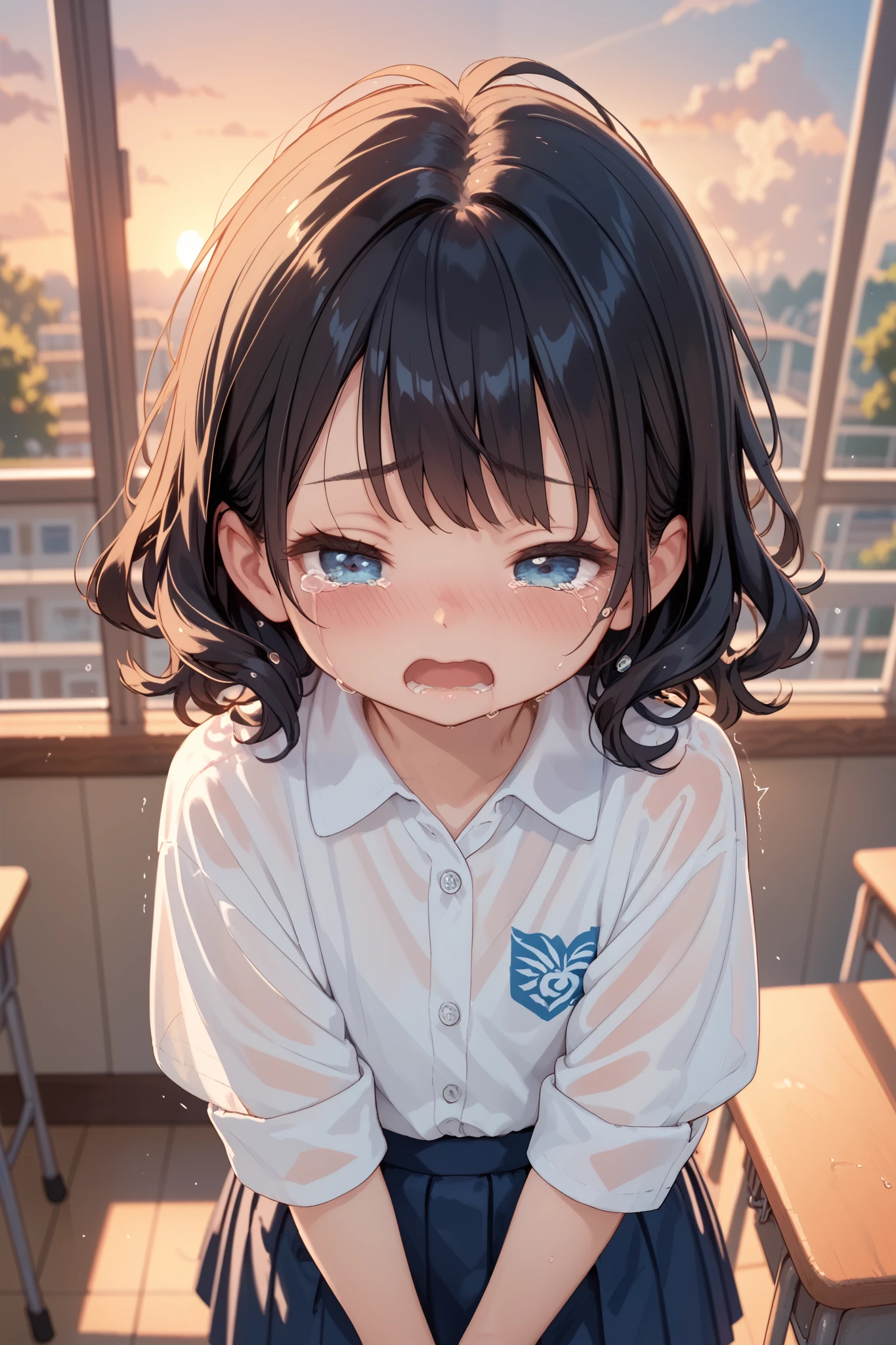 classroom,black hair,wavy hair,school girl,half closed eyes,open mouth,blue eyes,((blush)),(eyes focus),looking down,upper body,sunset,sunny,(((tears))),from above,sobbing,furrowed brow,trembling,looking at viewer