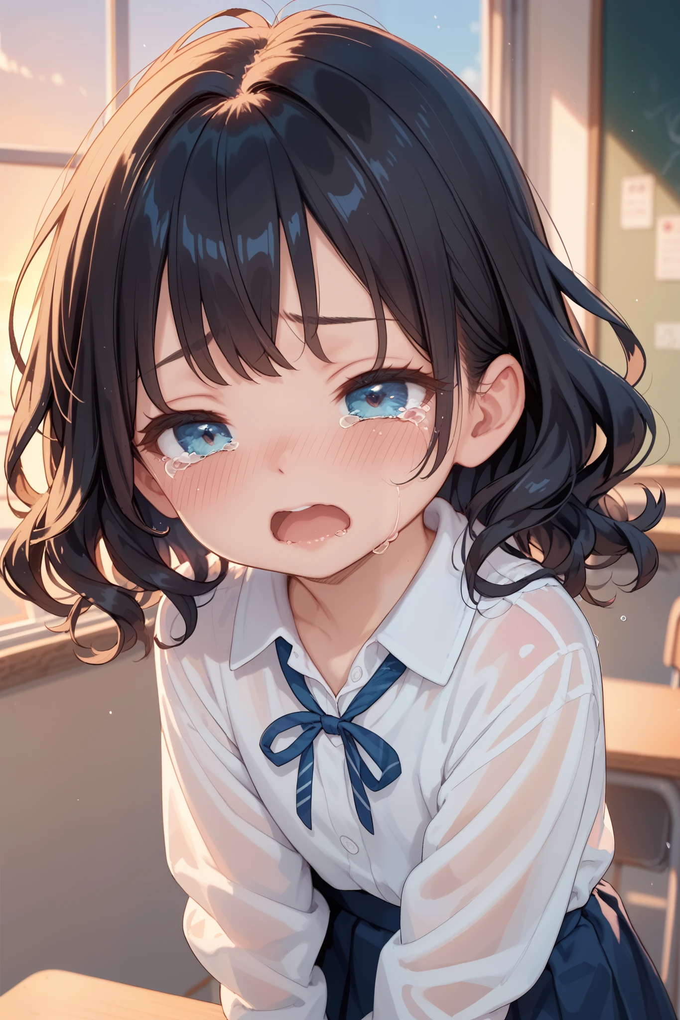 classroom,black hair,wavy hair,school girl,half closed eyes,open mouth,blue eyes,((blush)),(eyes focus),looking down,upper body,sunset,sunny,(((tears))),from above,sobbing,furrowed brow,trembling,looking at viewer