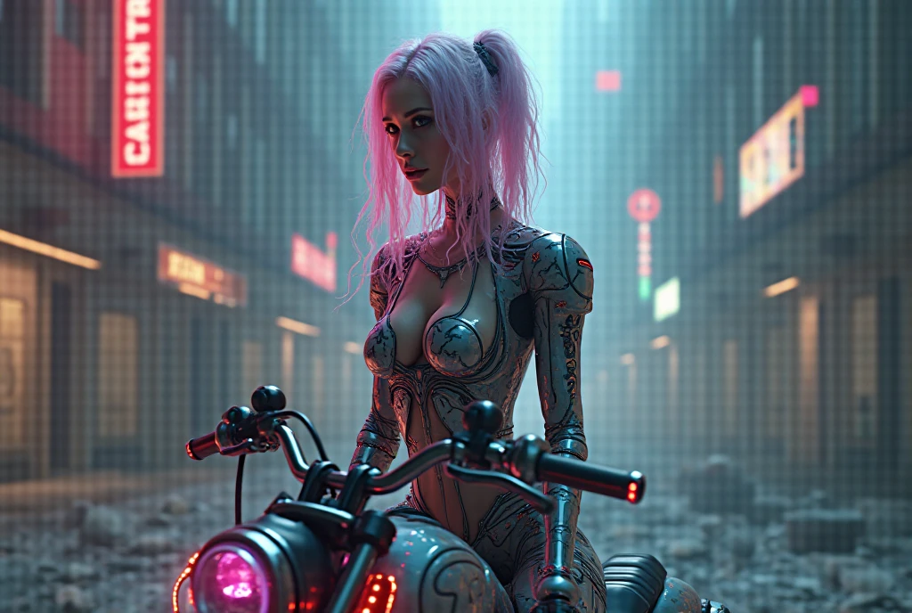 Year 2385 - A futuristic NUDE Barbarian Girl With sword, on a horse, Rides through City. Style Neon Punk. 