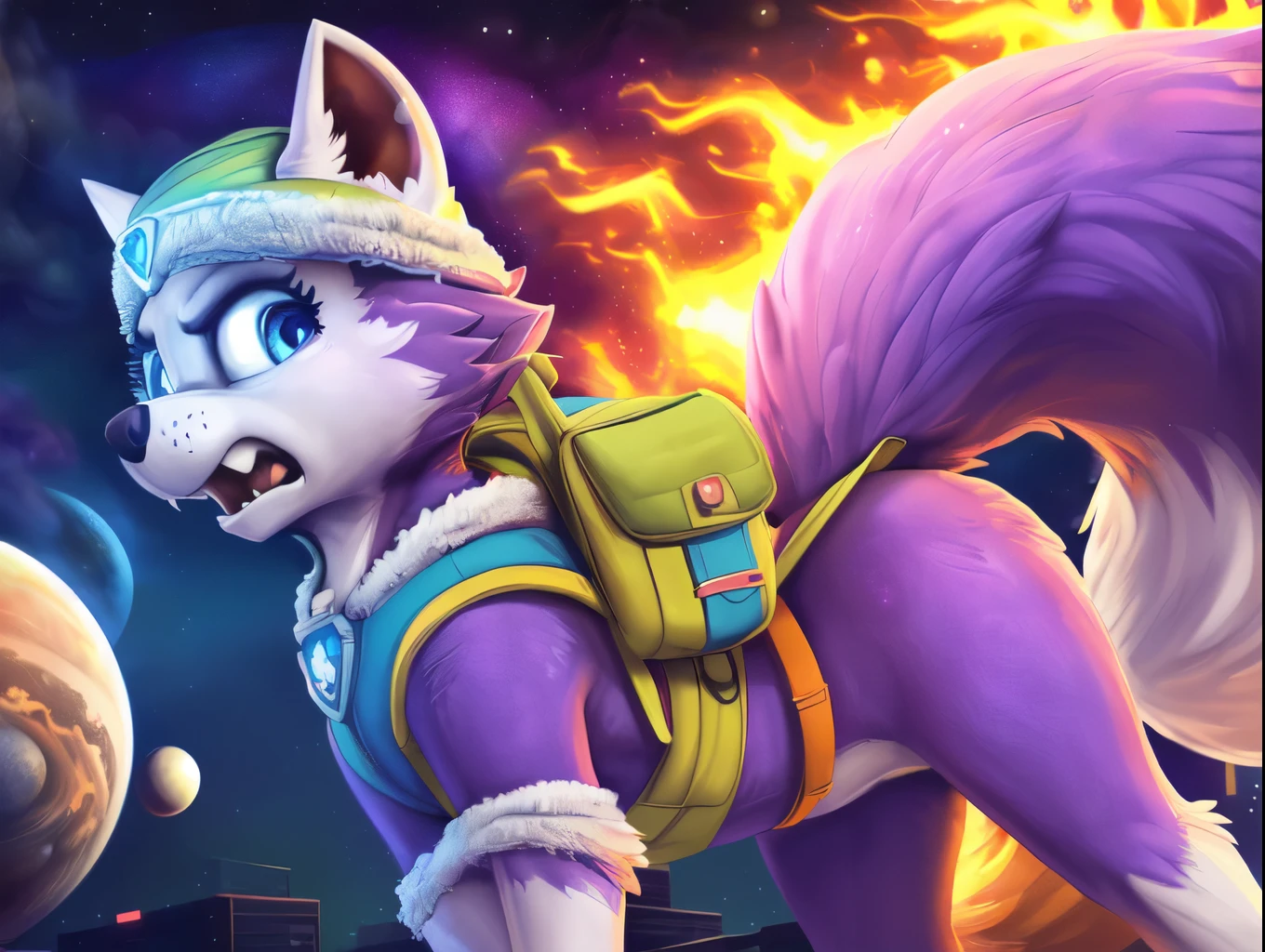 Everest, ((Paw Patrol)), ((female solo)), domestic dog, female, adult female, blue eyes, (((purple fur)), ((purple body)), (wearing Paw Patrol gear:1.25), (wearing Paw Patrol bagpack:1.45), (feral:1.25), (quadruped:2.25), ((wearing aqua winter hat)), ((sharp teeths)), ((large fangs)), blue eyes, (Shiny eyes:1.6), ((Pixar eyes)), perfect eyes, ((glowing eyes)), (hyper realistic:1.65), long fluffy tail, very large tail, tail up, very furry and fluffy, ((very large fangs)), perfect ligthing, (Cyberpunk city background:1.25), (fire at background:1.65), ((many hearts all over the screen)), (back side view:1.45), looking at Viewer, ((seductive break)), ((spread legs)), spread legs, (rajii:1.1) (dimwitdog:1.1), (thesecretcave:1.25), (cooliehigh:1.1), (miles-df:1.1), (complextree:1.1), (pixelsketcher:1.1), (foxovh:1.1), (zaush:1.1), (avante92:0.70), (meesh:1.1), (inu-sama:0.80), (cervina7:1.1), (F-R95:0.70), (R-mk:1.1), (xpray:1.1), (standing tall:1.65), (large fluffy tail:1.65), (close up to face:1.25), (angry expression:1.45), (nebula:1.45), (starry:1.35), (planet at sky:1.45)