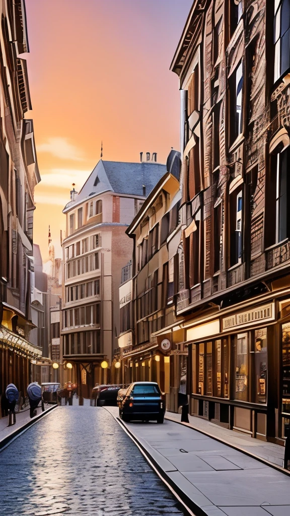 Amidst an enchanting street scene reminiscent of a bustling wizarding world, a massive, intricately detailed dragon perches atop a grand building, possibly a bank, its fierce expression and wide wingspan creating a striking focal point. The dragon’s scales glimmer subtly, capturing the warm hues of a sunset that casts a magical glow over the cobblestone street, accentuated by the soft light spilling from the building's windows. Flanking the scene are charming old buildings with varied architectural styles, adorned with vintage signs and additionally illuminated street lamps that enhance the nostalgic ambiance. The overall composition conveys an exciting blend of fantasy and history, evoking a sense of wonder and adventure in this captivating location.