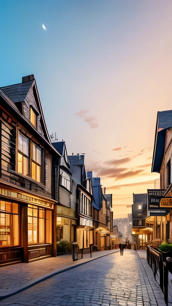 Amidst an enchanting street scene reminiscent of a bustling wizarding world, a massive, intricately detailed dragon perches atop a grand building, possibly a bank, its fierce expression and wide wingspan creating a striking focal point. The dragon’s scales glimmer subtly, capturing the warm hues of a sunset that casts a magical glow over the cobblestone street, accentuated by the soft light spilling from the building's windows. Flanking the scene are charming old buildings with varied architectural styles, adorned with vintage signs and additionally illuminated street lamps that enhance the nostalgic ambiance. The overall composition conveys an exciting blend of fantasy and history, evoking a sense of wonder and adventure in this captivating location.