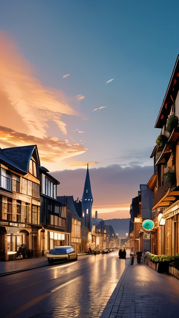 Amidst an enchanting street scene reminiscent of a bustling wizarding world, a massive, intricately detailed dragon perches atop a grand building, possibly a bank, its fierce expression and wide wingspan creating a striking focal point. The dragon’s scales glimmer subtly, capturing the warm hues of a sunset that casts a magical glow over the cobblestone street, accentuated by the soft light spilling from the building's windows. Flanking the scene are charming old buildings with varied architectural styles, adorned with vintage signs and additionally illuminated street lamps that enhance the nostalgic ambiance. The overall composition conveys an exciting blend of fantasy and history, evoking a sense of wonder and adventure in this captivating location.