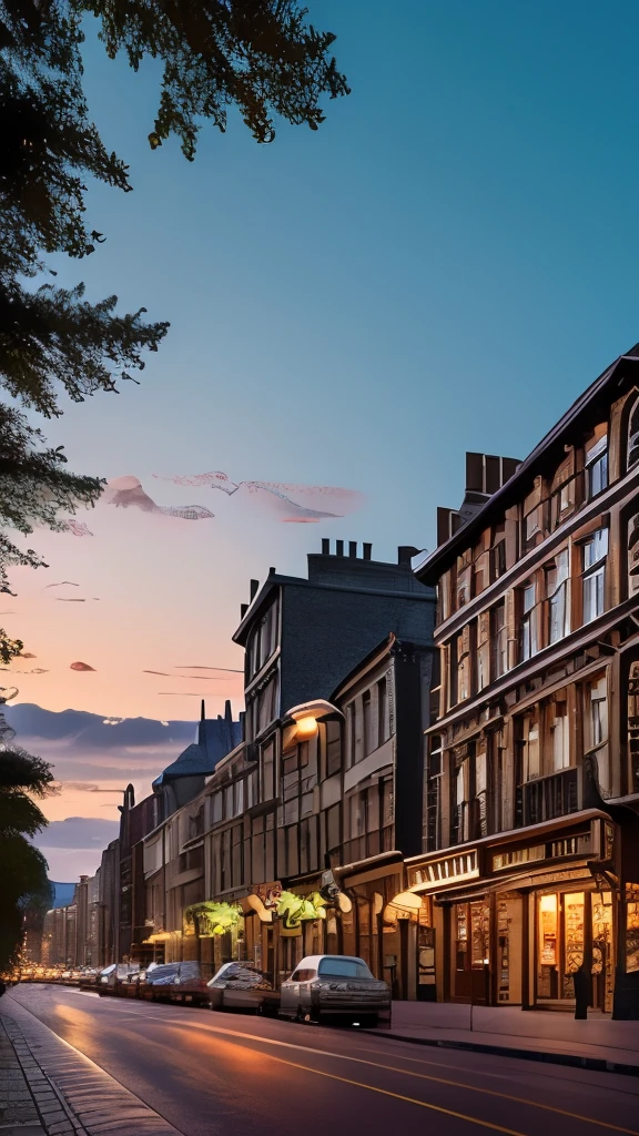 Amidst an enchanting street scene reminiscent of a bustling wizarding world, a massive, intricately detailed dragon perches atop a grand building, possibly a bank, its fierce expression and wide wingspan creating a striking focal point. The dragon’s scales glimmer subtly, capturing the warm hues of a sunset that casts a magical glow over the cobblestone street, accentuated by the soft light spilling from the building's windows. Flanking the scene are charming old buildings with varied architectural styles, adorned with vintage signs and additionally illuminated street lamps that enhance the nostalgic ambiance. The overall composition conveys an exciting blend of fantasy and history, evoking a sense of wonder and adventure in this captivating location.