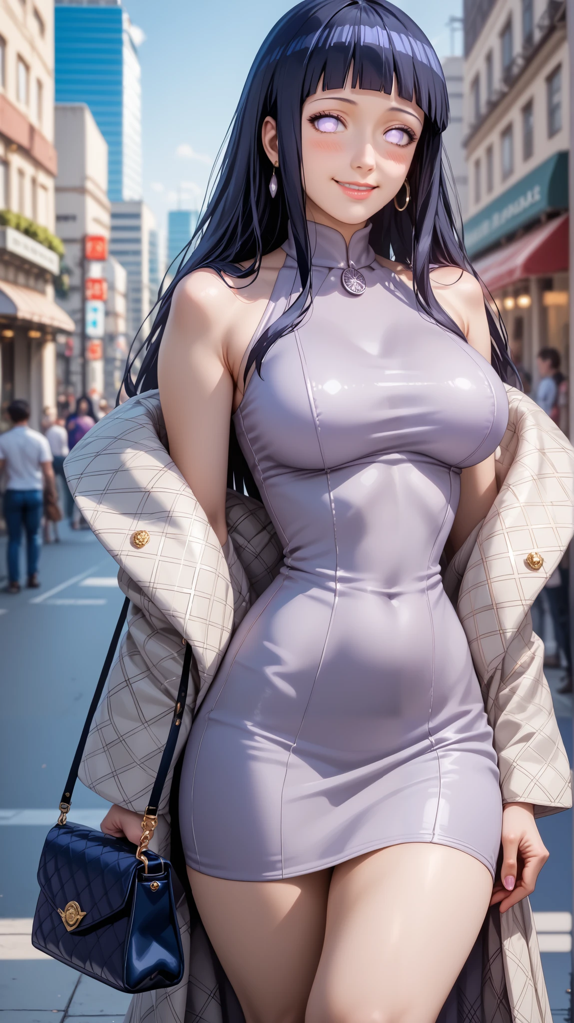 (best quality:1.1), (masterpiece:1.2), (realistic:1.2), (detailed:1.1), highres, score_9, score_8_up, solo, semi-realistic, sexy pose, elegant urban style, street fashion, (rating_safe:1.3)
1girl, (hinataSDXL, hyuuga hinata, purple eyes, long dark blue hair with bangs), curvy body, confident smile, blushing, looking at viewer, adult woman, 30 years old, large breasts, narrow waist, thick thighs
Wearing a tight long-sleeve blue bodycon dress, houndstooth patterned coat draped over shoulders, black over-the-knee boots, stylish handbag, modern jewelry on hand, natural makeup, city street background, soft ambient daylight, casual street photo look
(Digital anime illustration), inspired by romantic manga style, high detail on fabrics and folds, confident feminine pose, rule of thirds composition, mild depth of field, soft lighting