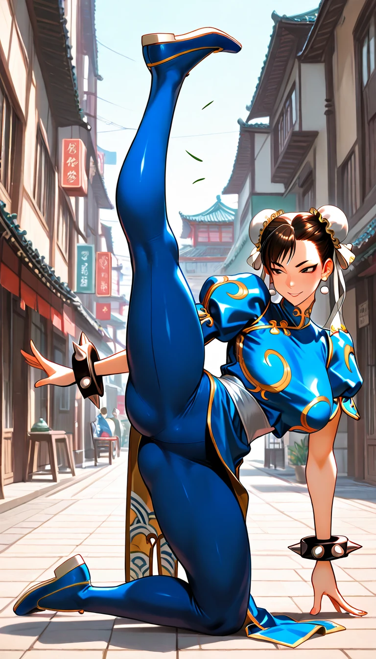 Street fighter chun li smiling, showing armpits.