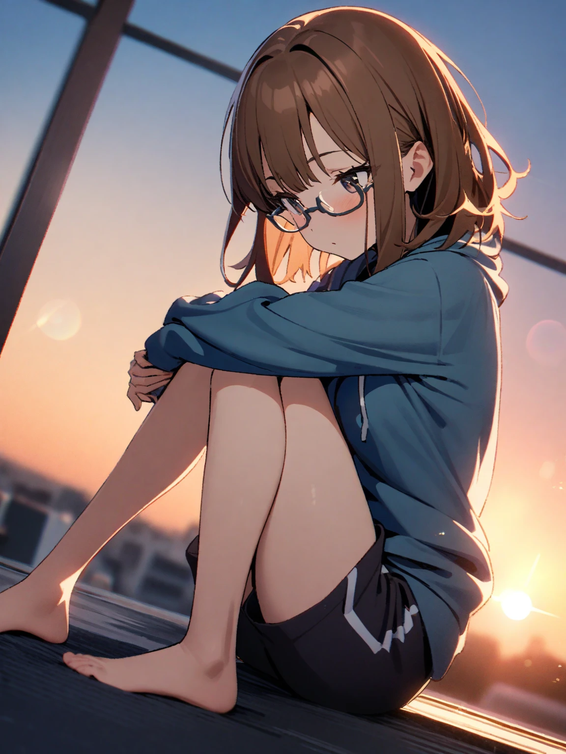 Teenage girl, White skin、Pink lips, solo (Black Hair, wavy, Short Bob Hair,) (sitting side view, looking at you pov) Smiling Kindly, chubby cheeks, (retro round eyeglasses, gold eyeglasses) She has a gentle smile on her face which radiates warmth. (Beautiful brown eyes with flecks of gold), Small breasts. (pastel yellow hoodie, jean shorts, sneakers, white socks), (Rooftop, night, NYC), chubby