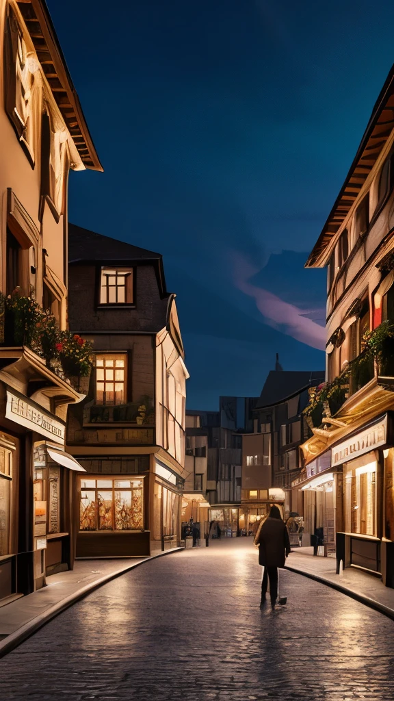 Amidst an enchanting street scene reminiscent of a bustling wizarding world, a massive, intricately detailed dragon perches atop a grand building, possibly a bank, its fierce expression and wide wingspan creating a striking focal point. The dragon’s scales glimmer subtly, capturing the warm hues of a sunset that casts a magical glow over the cobblestone street, accentuated by the soft light spilling from the building's windows. Flanking the scene are charming old buildings with varied architectural styles, adorned with vintage signs and additionally illuminated street lamps that enhance the nostalgic ambiance. The overall composition conveys an exciting blend of fantasy and history, evoking a sense of wonder and adventure in this captivating location.