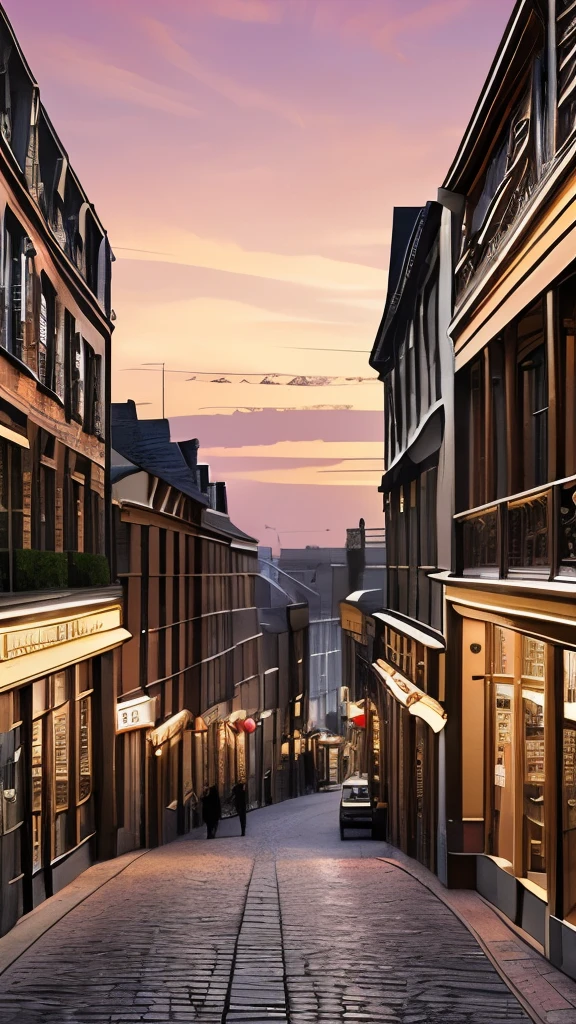 Amidst an enchanting street scene reminiscent of a bustling wizarding world, a massive, intricately detailed dragon perches atop a grand building, possibly a bank, its fierce expression and wide wingspan creating a striking focal point. The dragon’s scales glimmer subtly, capturing the warm hues of a sunset that casts a magical glow over the cobblestone street, accentuated by the soft light spilling from the building's windows. Flanking the scene are charming old buildings with varied architectural styles, adorned with vintage signs and additionally illuminated street lamps that enhance the nostalgic ambiance. The overall composition conveys an exciting blend of fantasy and history, evoking a sense of wonder and adventure in this captivating location.